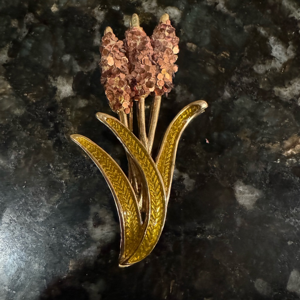 Vintage Danecraft Gold Tone Cattails Brooch Copper Yellow Signed 2.75"